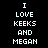 Pixelated text displays "I LOVE KEEKS AND MEGAN" with red highlight changes across three on a black background