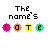 Pixelated text "The name's" above four colored circular icons with letters K O T E and their mirrored variants on a white background.