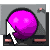 A pixelated purple sphere with two white spots on a gray background, showing cursor interaction in four