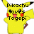 Yellow cartoon character with red cheek circles, black-tipped ears, and pink tongue, displaying text overlays across four
