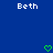 Blue background with white text 'Beth' at top left and top right, two green pixelated hearts at bottom center and bottom right.