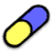 Pixelated capsule-shaped icon with blue upper half and yellow lower half, outlined in black against white background.