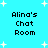 Pixelated text 'Alina's Chat Room' repeated four times on a cyan background with white star shapes, no visible animation changes.