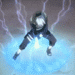 Animated character in dark outfit with white stripes, crouched over blue energy sphere, surrounded by purple lightning against dark background.