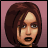 Pixelated female face with brown hair, light skin tone, and open mouth against pink background.