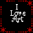 Black background with red dashed border and star motifs, displaying four identical 'I Love Art' text arrangements in white pixelated font.