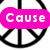 Four pink and purple speech bubbles with white text overlay a black-and-white peace symbol background.
