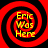 Four identical red and black spiral patterns with yellow text reading 'Eric Was Here' arranged in a on a solid black background