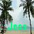 Pixelated beach scene with two palm trees and green text reading 'less' on a light background.