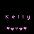 Pixelated pink text 'Kelly' above two of pink and purple heart symbols on a black background