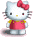 Pixelated white cat with red bow, yellow nose, and pink dress stands against gray background.