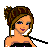 Pixel art contact sheet showing multiple frames of a female rock musician character with brown hair in a bun, wearing purple sparkly pants and black strapless top while playing electric guitar.