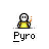 Animated contact sheet of a pixel art character with yellow body and white head, showing sequential frames of fire effects around the figure and text changes from "Pyro" to "Pyr" to partial flame destruction.