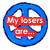 Blue peace sign icon with red text overlay reading 'My losers are...' on left and green name labels 'Lauren', 'Macie', 'L', 'Rachel' stacked vertically on right.