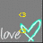 A gray background displays the word 'love' in white script, a cyan heart outline with yellow '<3' symbols at top and center-left.