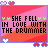 identical pixel art icons featuring text 'SHE FELL IN LOVE WITH THE DRUMMER' on a pink and orange striped background with heart borders