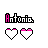Pixel art icon with 'Antonia' text above two heart shapes, showing color variations across frames.