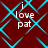 Red background with cyan diamond-shaped lines forming a pattern, white text 'i love pat' in four corners, and visible motion blur effects