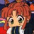 Pixelated anime-style character with red hair, large green eyes, and a white-and-blue outfit against a dark background with colorful accents.