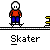 Pixel art animation of a skater character in red shirt and blue pants performing tricks on yellow-and-black ramps against gray background.