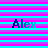 Pixelated text 'Alex' in blue tones over horizontal pink and cyan stripes on a purple background.