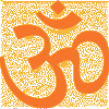 Orange Om symbol on yellow-orange background with two vertical showing a person in white clothing in different poses