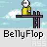 Animated contact sheet showing a yellow stick figure character performing a belly flop into water across 18 frames with repeated "BellyFlop" text labels below each frame.