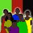 Pixelated group of five dark-skinned figures in colorful clothing against changing patterned backgrounds.