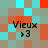 Pixelated of cyan, brown, and red squares with four instances of 'Vieux >3' text in black font across the image