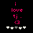 Pixelated pink text 'i love tj.' with a heart symbol '<3' and five white-and-gray plus signs on a black background.