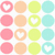 A 4x4 grid of pastel-colored circular icons with some containing white heart shapes, displayed on a white background.