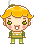 Pixel art contact sheet showing two frames of a cartoon character with blonde hair and green eyes in different expressions.