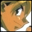 Anime-style character face with light brown hair and blue eyes, side profile against black background with white text.