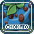 Pixelated blue background with brown circular shapes and green leaves, bordered by a double-lined frame containing the text CHOKATO.