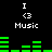 Pixelated green audio equalizer bars pulse beneath white text reading "I <3 Music" on a black background.
