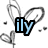 A static icon with a black outline of bunny ears and floating hearts, featuring the text 'ily' in blue on top left, purple on top right, and pink on bottom left.