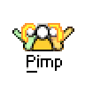 Pixel art buddy icon featuring a cartoon character with three eyes and orange hair, labeled "Pimp" below the image, displayed in two frames of an animation on a gray background.