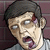Pixelated character with disheveled hair and bruised eye, mouth open in a scream against brick wall background.
