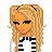 Pixel art character with blonde pigtails, black eyeliner, and pink lips wearing a striped shirt; multiple views show full body, partial torso, legs, and text overlays.