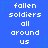 Blue background with white pixelated text reading 'fallen soldiers all around us' repeated in three , surrounded by small green star shapes