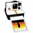 Pixelated icon of a white robot with black accents, orange eye dot, and German flag colors on its lower body.