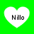 Four white heart-shaped icons with black text "Nillo" on a bright green background, arranged in a