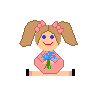 Pixelated doll avatar with brown pigtails, pink bows, blue eyes, red smile, pink dress, holding blue flowers with green stems, seated on beige legs with black feet.