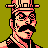 Pixel art portrait of a mustached character with sunglasses, wearing a hat and sleeveless top against a solid green background.