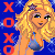 Pixelated character with long blonde hair, blue eyes, and a star on forehead holding a glowing bottle against blue background with red XOXO text.