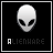 Pixelated alien head icon with large black eyes on black background, text below reads 'ALIENWARE' in white capital letters.