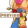 Pixel art character with blonde hair and pink headband holding a blue object, standing against gray background with 'PREVIEW' text box.