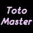 A 4-frame contact sheet of a pixelated text animation showing "Toto Master" in different colors across frames on a black background.