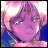 Pixelated anime-style character with purple hair and blue clothing against a pink and white background, next to stylized text on black.
