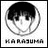 Black-and-white pixelated icon featuring a circular anime-style character portrait with short dark hair, labeled 'KARASUMA' below, alongside text reading "I DON'T CARE WHAT YOU THINK," and "HE'S HOT."
